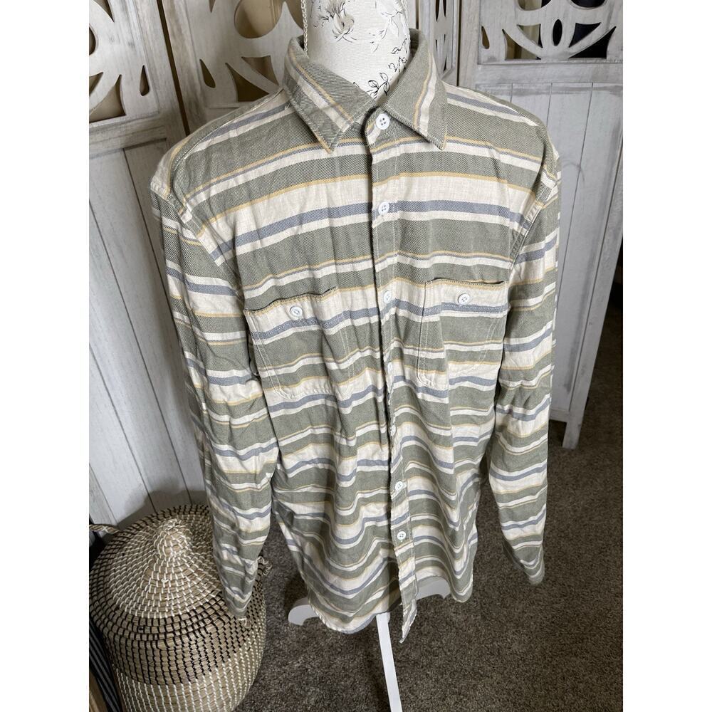 J.Crew New York Striped Shirt Green Cream Button Down Cotton Size Large